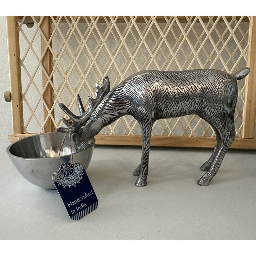 Handcrafted Silver Metal Reindeer Figurine with Attached Serving Bowl